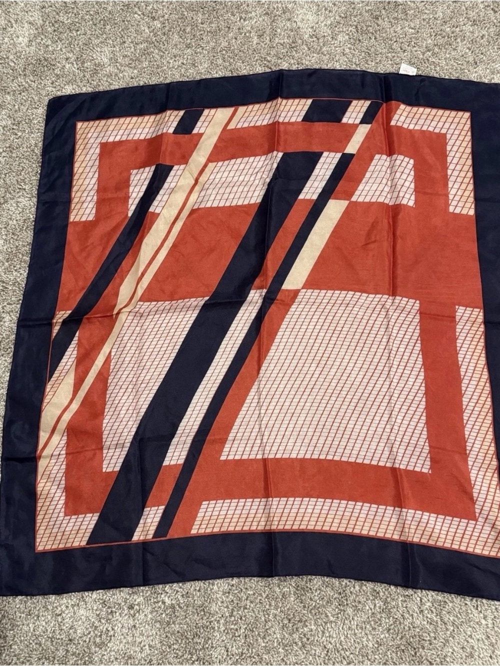 Dopio 100%Silk Scarf Made In China Vintage Geometric Pattern Blue and Red